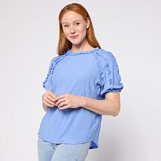 "As Is" DG2 by Diane Gilman Knit Plisse Short Sleeve Ruffle Top
