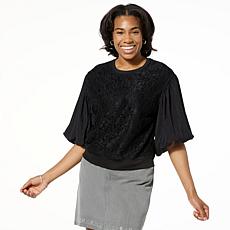 "As Is" DG2 by Diane Gilman Lace-Front 3/4 Lantern Sleeve Blouse