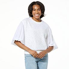 "As Is" DG2 by Diane Gilman Lace-Front 3/4 Lantern Sleeve Blouse