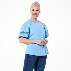 "As Is" DG2 by Diane Gilman Lace Inset Puff-Sleeve Top