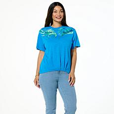 "As Is" DG2 by Diane Gilman Placed Print Hi-Low Hem Slub Knit Top