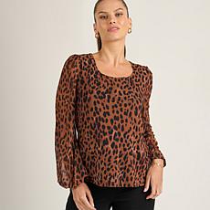 "As Is" DG2 by Diane Gilman Printed Mesh Knit Lantern-Sleeve Top