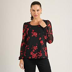 "As Is" DG2 by Diane Gilman Printed Mesh Knit Lantern-Sleeve Top