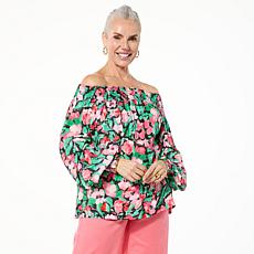 "As Is" DG2 by Diane Gilman Printed Smocked Off-Shoulder Top