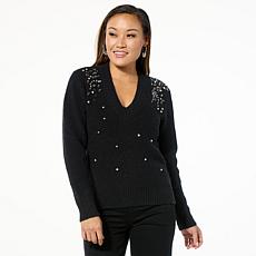 "As Is" DG2 by Diane Gilman Rhinestone Embellished V-Neck Sweater