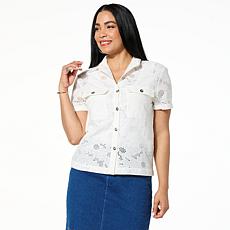 "As Is" DG2 by Diane Gilman Short-Sleeve Button Front Eyelet Top