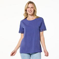 "As Is" DG2 by Diane Gilman Short Sleeve Lace Inset Top