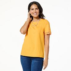 "As Is" DG2 by Diane Gilman Short Sleeve Lace Inset Top