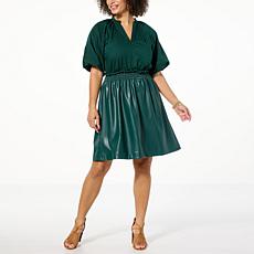 "As Is" G by Giuliana Black Label Faux Leather & Cotton Poplin Dress