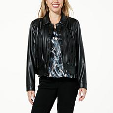 "As Is" G by Giuliana Black Label Faux Leather Graphic Fringe Jacket