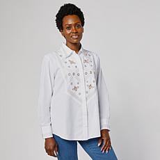 "As Is" G by Giuliana Embroidered Bib Woven Button Front Shirt