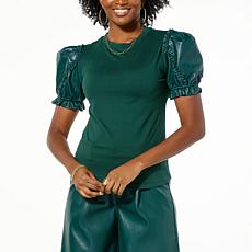 "As Is" G by Giuliana G-Knit Top with Ruffled Faux Leather Sleeves