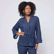 "As Is" Grey by Jhoan Sebastian Grey Knit Denim 3/4 Sleeve Collared...