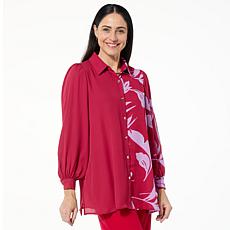 "As Is" IMAN Global Chic Half-Printed Button-Front Blouse