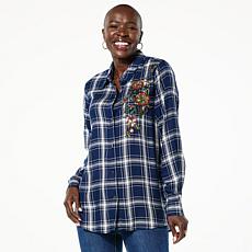 "As Is" IMAN Global Chic Plaid Shirt with Embroidery