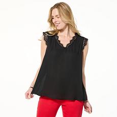 "As Is" IMAN Global Chic Woven V-Neck Tank Top with Lace Trim