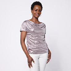 "As Is" Jaclyn Smith Metallic Knit Cap Sleeve Cowl Neck Top