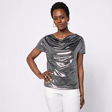 "As Is" Jaclyn Smith Metallic Knit Cap Sleeve Cowl Neck Top