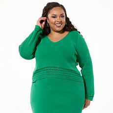 "As Is" Jaclyn Smith V-Neck Sweater with Crochet Hem