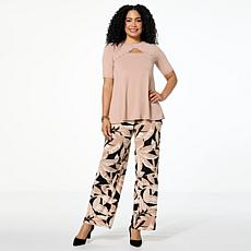 "As Is" Nina Leonard 2-piece Studded Top & Printed Pant Set