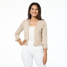 "As Is" Nina Leonard 3/4-Sleeve Knit Bolero with Ruffled Pointelle Hem