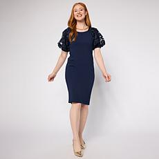 "As Is" Nina Leonard 3D Floral Mesh Bubble Sleeve Sheath Dress