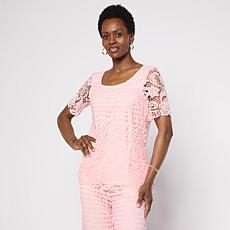 "As Is" Nina Leonard Border Lace Elbow Sleeve Top