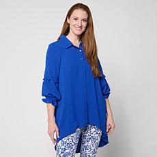 "As Is" Nina Leonard Button-Front Textured Wave Tunic Blouse