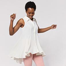 "As Is" Nina Leonard Collared Sleeveless Hi-Low Button-Front Top