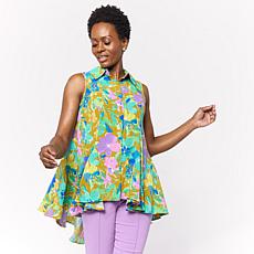 "As Is" Nina Leonard Collared Sleeveless Hi-Low Button-Front Top