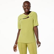 "As Is" Nina Leonard Elbow Sleeve Peek-a-Boo Top