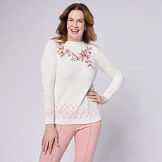 "As Is" Nina Leonard Embroidered Long-Sleeve Chenille Sweater