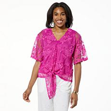 "As Is" Nina Leonard Embroidered Mesh Tie Front Kimono Top