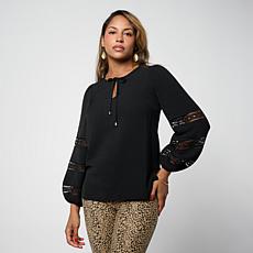 "As Is" Nina Leonard Notch Neck Textured Wave Top with Tie