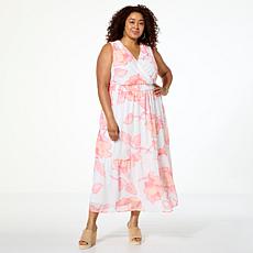 "As Is" Nina Leonard Printed Chiffon Smocked Waist Maxi Dress