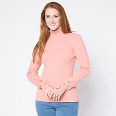 "As Is" TWRHLL by Christie Brinkley Knot Button Rib Knit Turtleneck...