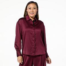 "As Is" TWRHLL by Christie Brinkley Relaxed Satin Button-Down Top