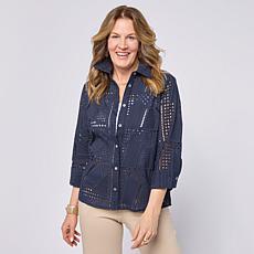 "As Is" WynneCollection 3/4-Sleeve Pointelle Patchwork Shirt