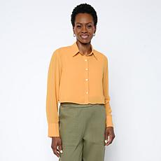"As Is" WynneLayers Chiffon Collared Long-Sleeve Cropped Shirt