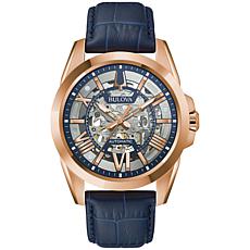 Bulova Goldtone Stainless Steel Men's Leather Automatic Skeleton Watch