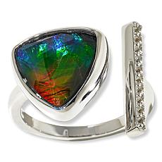 Canadian Ammolite Gems Trilliant-Cut Ammolite and White Topaz Ring