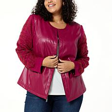 Colleen Lopez Beaded Mesh Sleeve Faux Leather Jacket