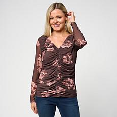 Colleen Lopez Printed Ruched Mesh Knit Top