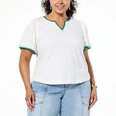 Democracy Crochet Trim Bell-Sleeve Knit Top