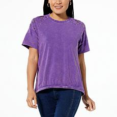 DG2 by Diane Gilman Cotton Jersey Knit Embellished Eyelet Combo Tee