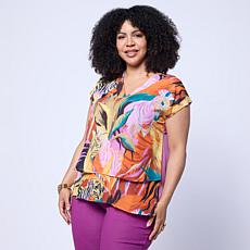 DG2 by Diane Gilman Crepe de Chine V-Neck Cap-Sleeve Easy Top