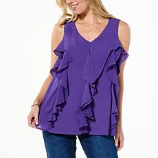 DG2 by Diane Gilman Crinkled Chiffon Ruffled Front Flounce Tank