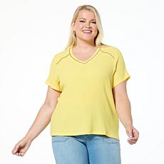 DG2 by Diane Gilman Knit Plissé V-Neck Top with Studded Trim