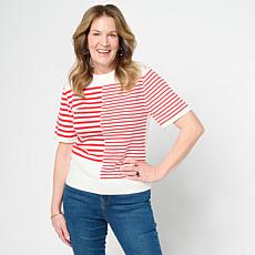 DG2 by Diane Gilman Softease Mix Stripe Short Sleeve Sweater