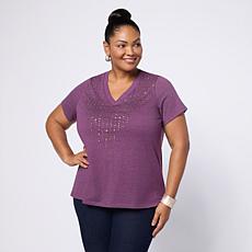 DG2 by Diane Gilman V-Neck Rhinestone Embellished Short-Sleeve Tee